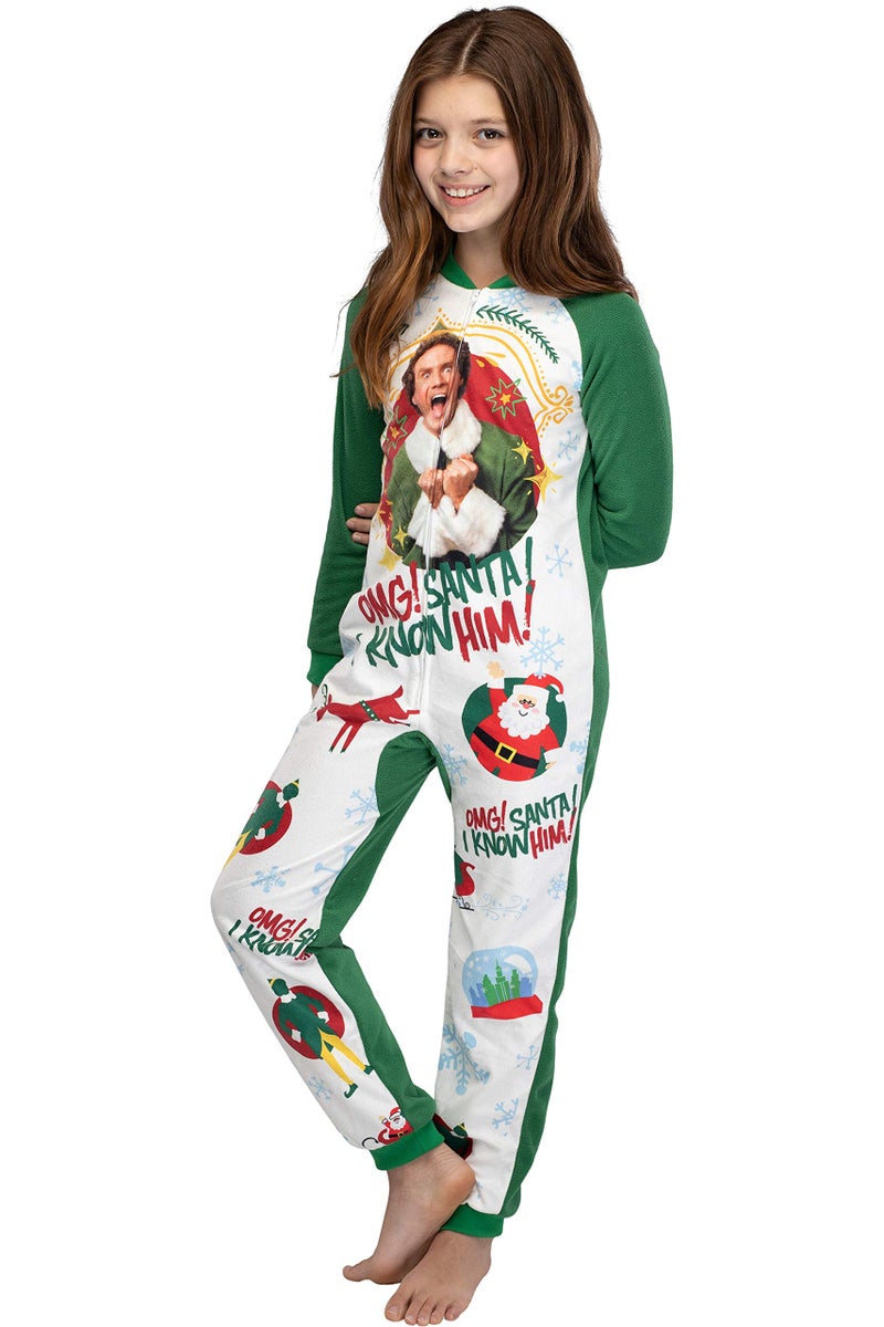 INTIMO Elf The Movie Kids' OMG Santa! I Know Him! One Piece Sleeper Pajama Union Suit For Girls Or Boys (L/XL) - Image 1